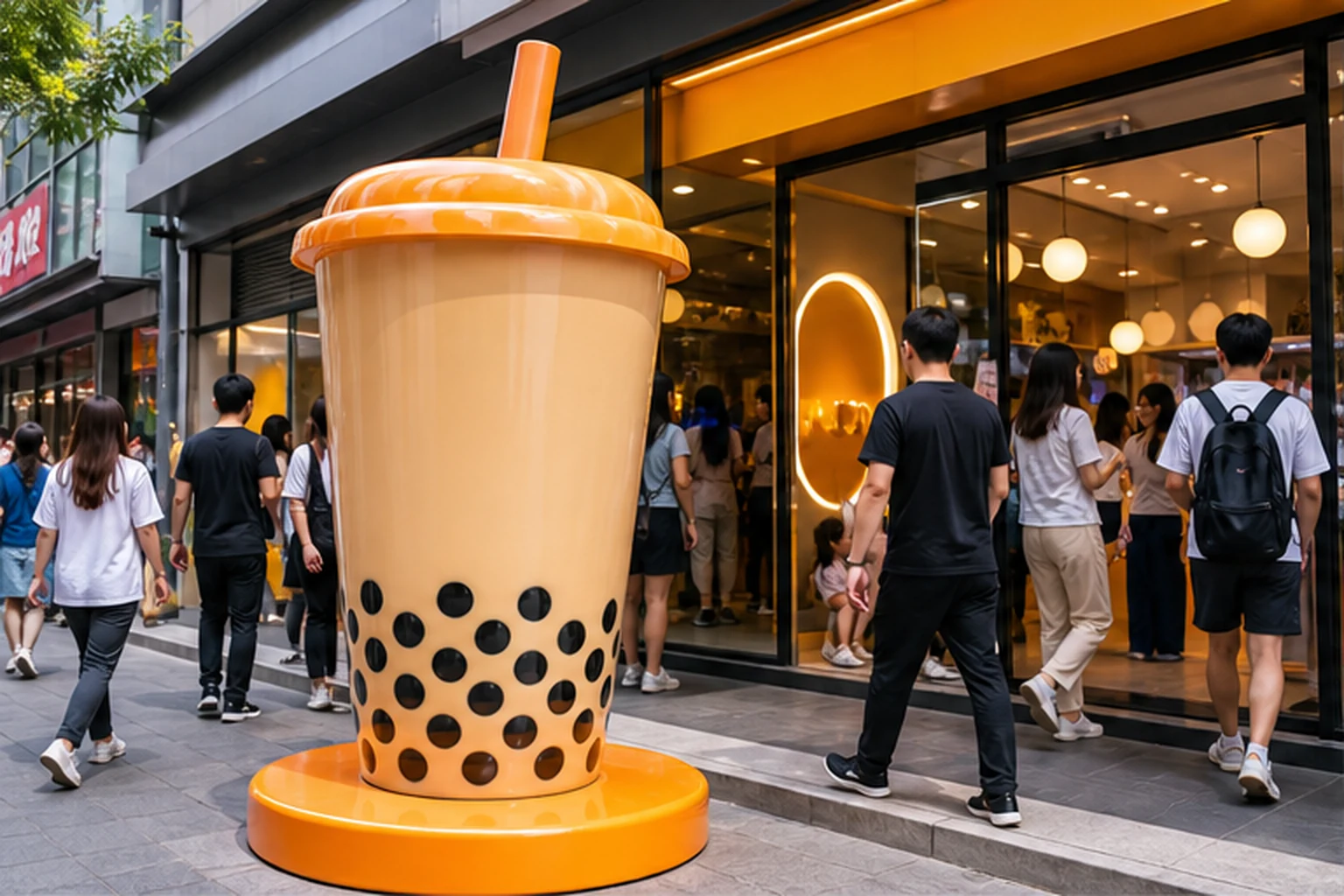 Mô hình ly trà sữa cỡ lớn màu cam đặt trước mặt tiền cửa hàng, có chân đế tròn chắc chắn và nhiều khách đi ngang qua khu...