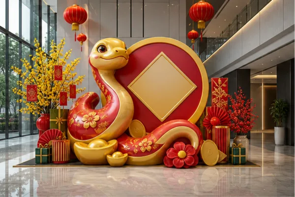 Bản phối cảnh concept Tết trong sảnh công ty với mô hình composite chủ thể lớn, logo thương hiệu và phụ kiện nền để minh...