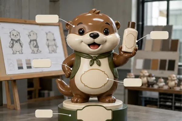 bản phác mascot thương hiệu với mặt chính, logo, tay cầm sản phẩm và bệ composite được ghi chú rõ
