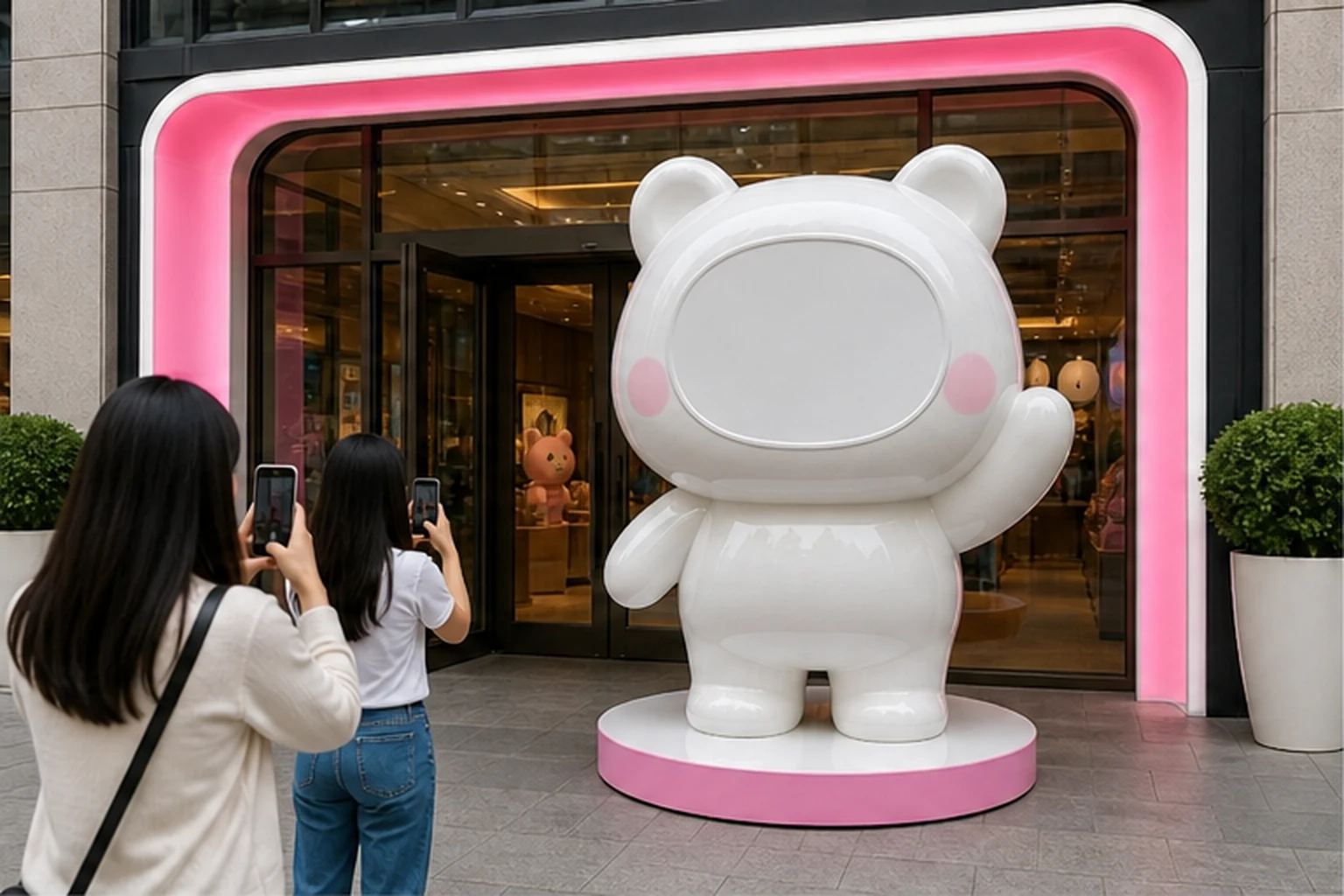 Mô hình mascot trắng cỡ lớn đặt trước mặt tiền cửa hàng, hai khách dừng lại dùng điện thoại chụp ảnh check-in.