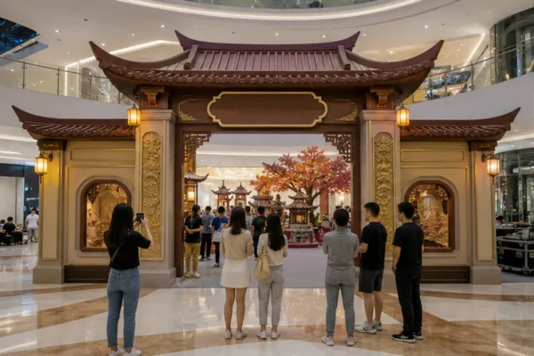 khu check-in cổ trang trong trung tâm thương mại với cổng composite, mái cong, bảng hiệu và nhóm khách đứng chụp ảnh để...