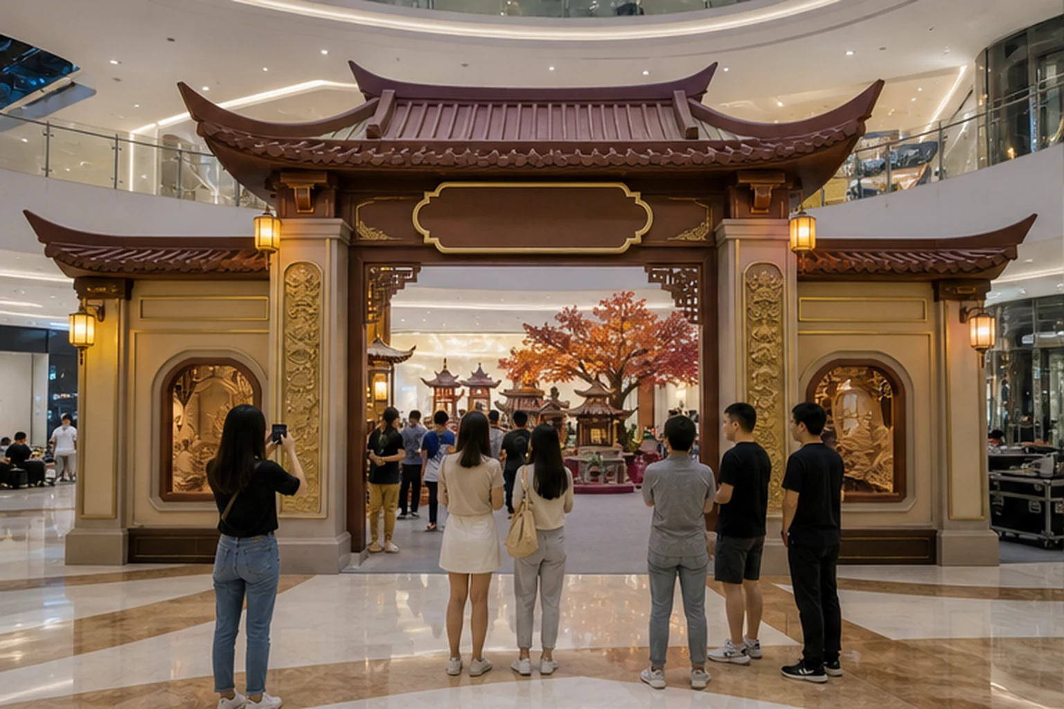 Mô hình cổng cổ trang mái cong trong không gian showroom trung tâm thương mại, có nhóm khách đứng phía trước chụp ảnh...