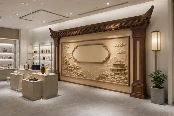 góc showroom có mảng tường composite cổ trang, bảng hiệu và lối đi thông thoáng để minh họa cách tạo điểm nhấn không lấn...