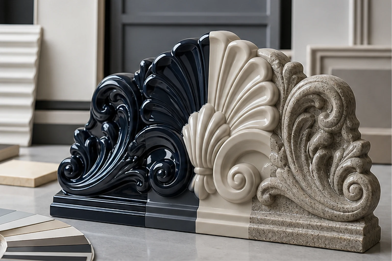 mẫu bề mặt composite sơn bóng, sơn mờ và hiệu ứng giả đá trên cùng một cụm mô hình để minh họa lựa chọn hoàn thiện