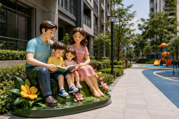 cụm tượng composite theo concept gia đình đặt bên lối đi bộ khu đô thị để minh họa ứng dụng trang trí cảnh quan và khu...