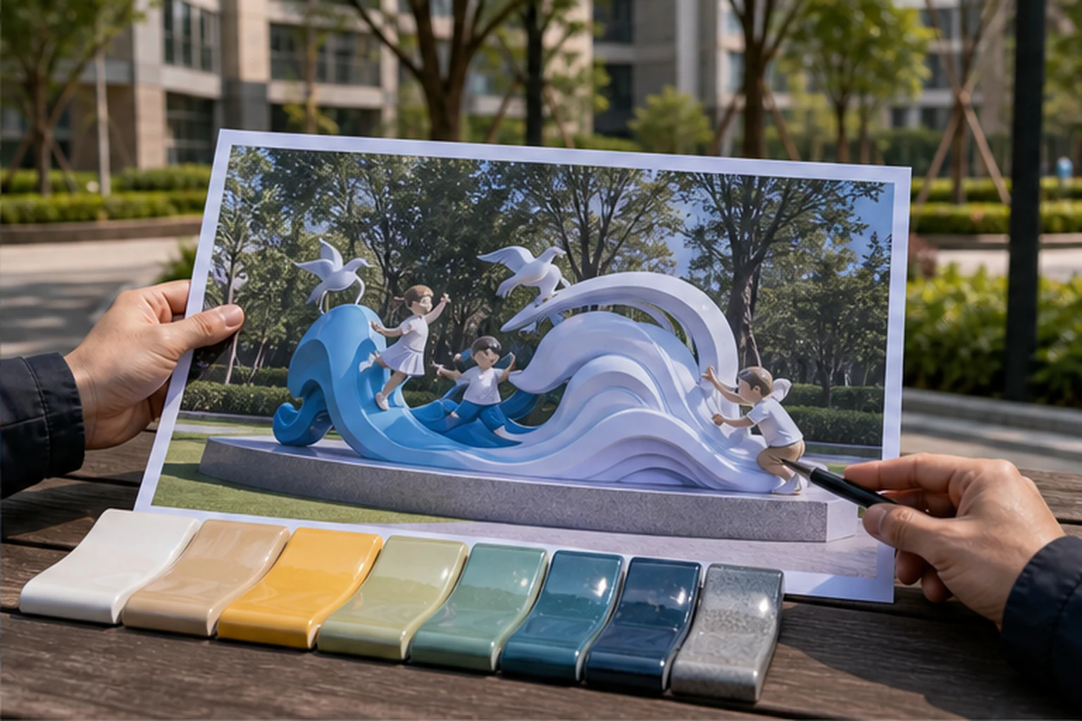 Bản phối cảnh cụm artwork composite hình sóng với tượng trẻ em và chim trong công viên nội khu có cây xanh, lối đi, mẫu...
