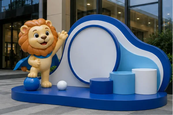 Mô hình composite theo màu nhận diện thương hiệu, có mascot và cụm chữ nổi phục vụ chiến dịch ra mắt sản phẩm ngắn ngày