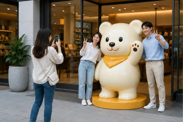 Mô hình mascot composite ngoài trời tại lối vào với logo thương hiệu