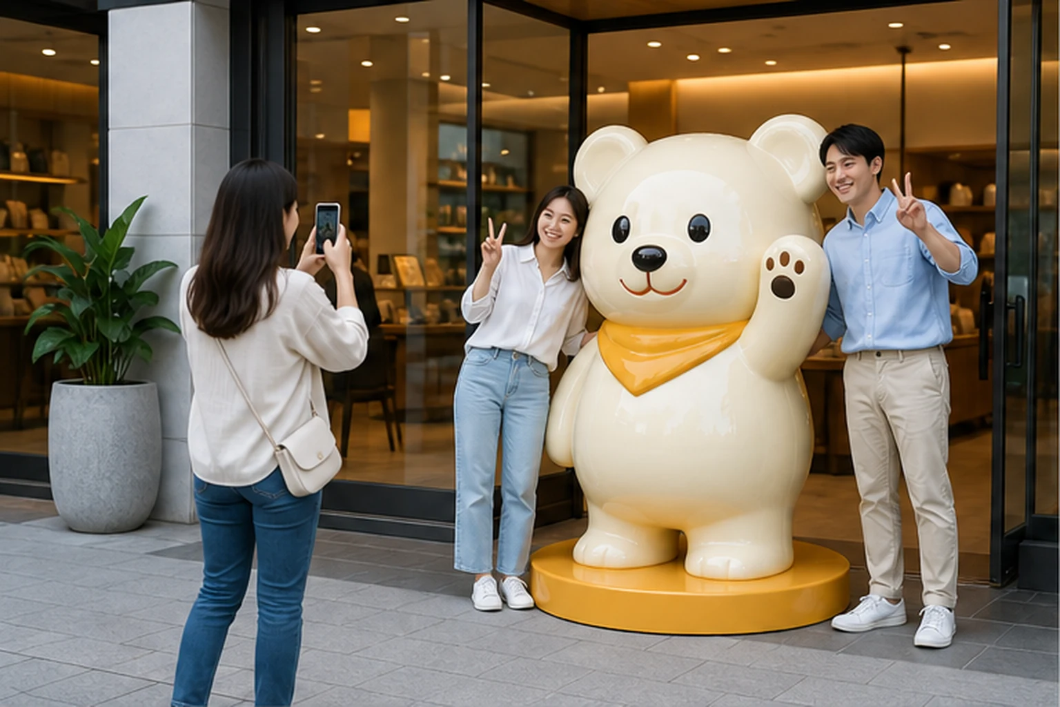 Mô hình mascot gấu composite màu kem đặt trước mặt tiền shop, có hai khách đứng tạo dáng bên cạnh và một người đang chụp...