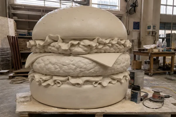 Mô hình burger composite ở giai đoạn form thô chưa sơn để minh họa bước duyệt dáng, topping và tỷ lệ trước hoàn thiện