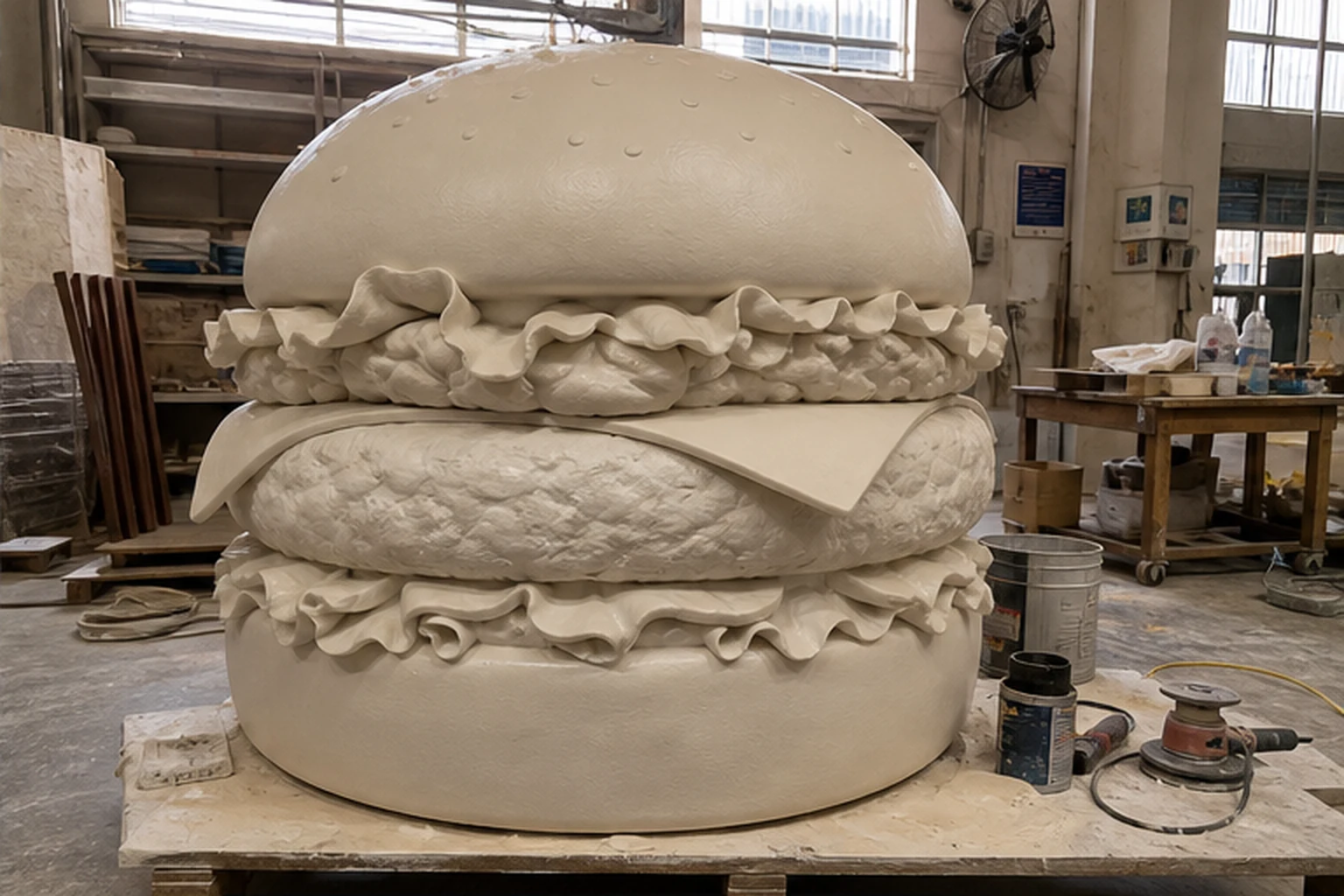 Mô hình burger composite ở giai đoạn form thô chưa sơn để minh họa bước duyệt dáng, topping và tỷ lệ trước hoàn thiện