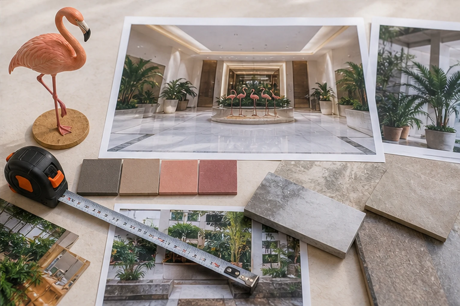 Bản brief đặt làm hồng hạc composite đặt cạnh ảnh mặt bằng sảnh thương mại và mẫu màu, minh họa thông tin cần gửi trước...