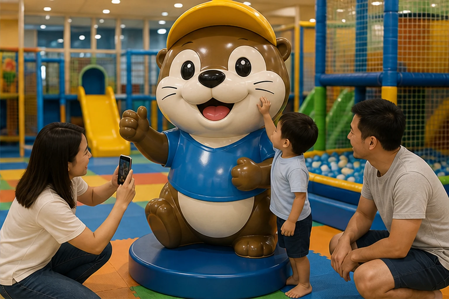 Linh vật mascot hình rái cá đội mũ vàng, mặc áo xanh, bề mặt sơn bóng mịn trong khu vui chơi, có gia đình đứng gần chụp...