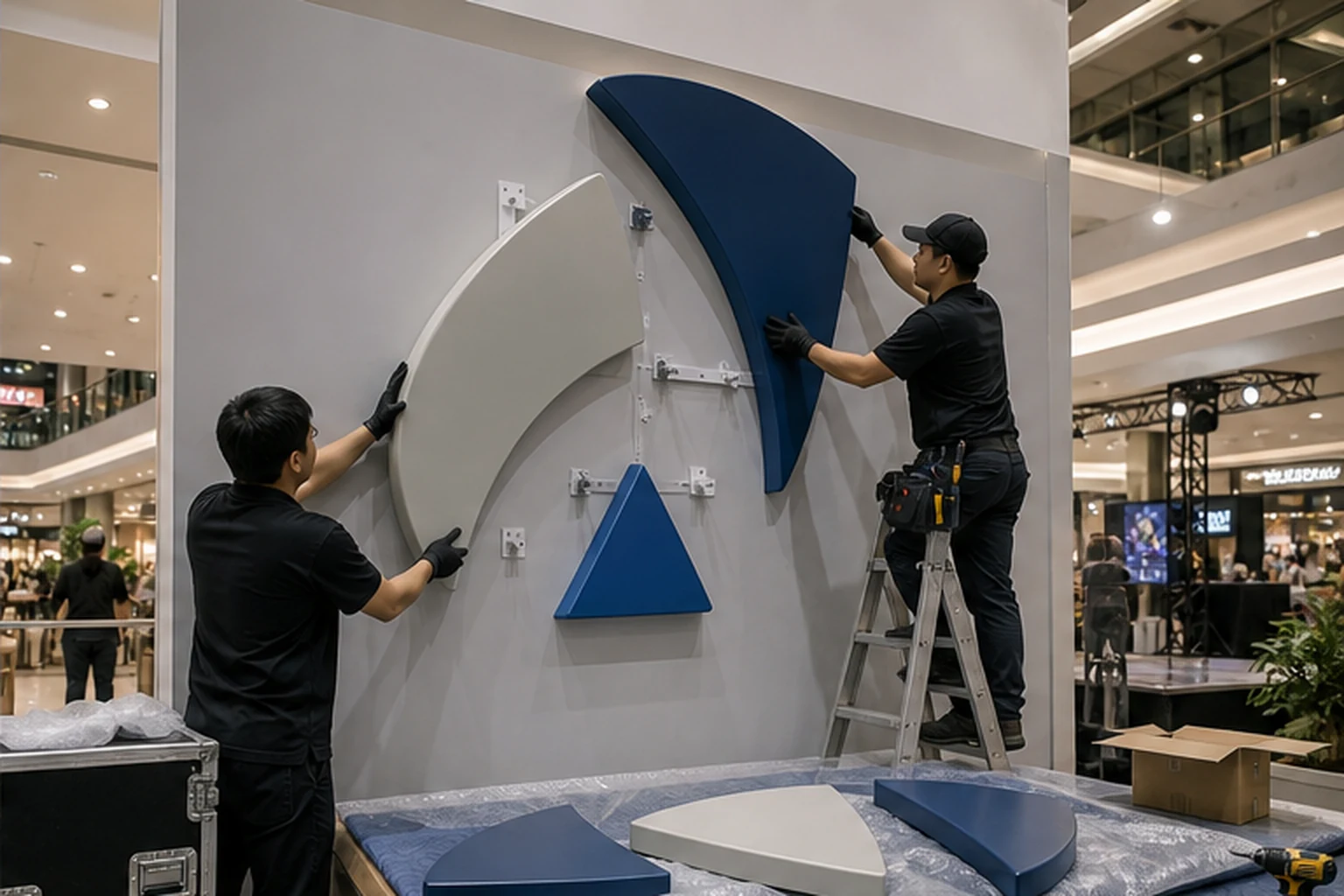 Đội thi công lắp logo composite chia module tại booth sự kiện trong trung tâm thương mại để minh họa đường đưa hàng và...
