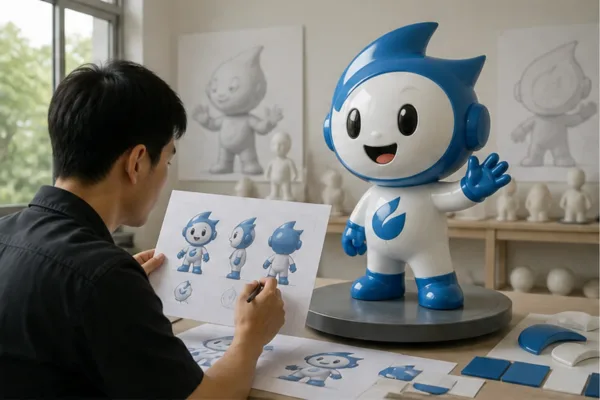 Bản dựng mascot từ nhận diện 2D sang mô hình composite 3D với các chi tiết mắt miệng tay logo được duyệt rõ