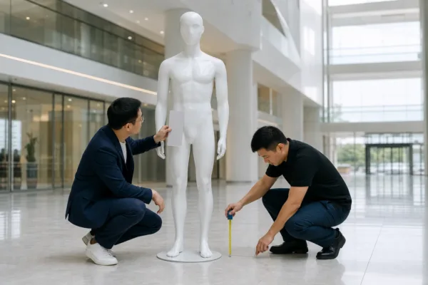 Đại diện dự án cùng kỹ thuật viên xem bản duyệt màu và đo vị trí đặt mô hình composite trong sảnh thương mại.