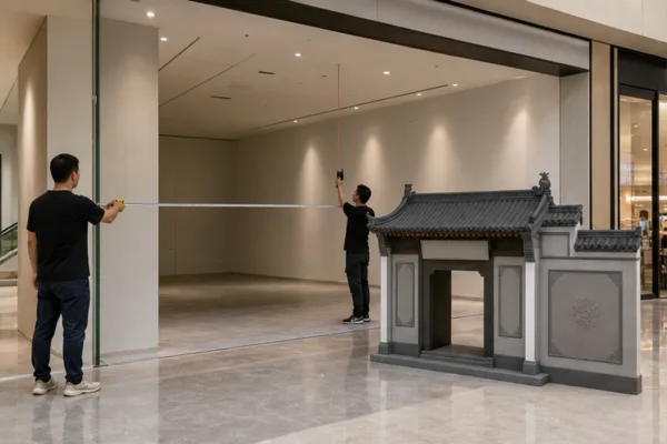Nhân sự khảo sát mặt bằng shop để đo chiều ngang, chiều cao trần và lối vận chuyển trước khi sản xuất mô hình nhà cổ trang