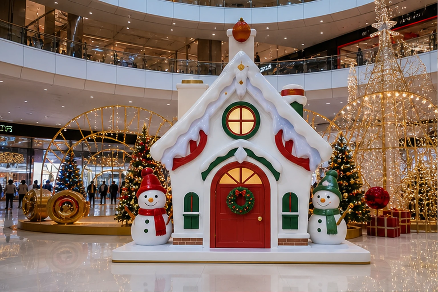 Mô hình nhà Noel màu trắng đỏ đặt trên chân đế tại sảnh trung tâm thương mại, hai bên có người tuyết, cây thông và đèn...
