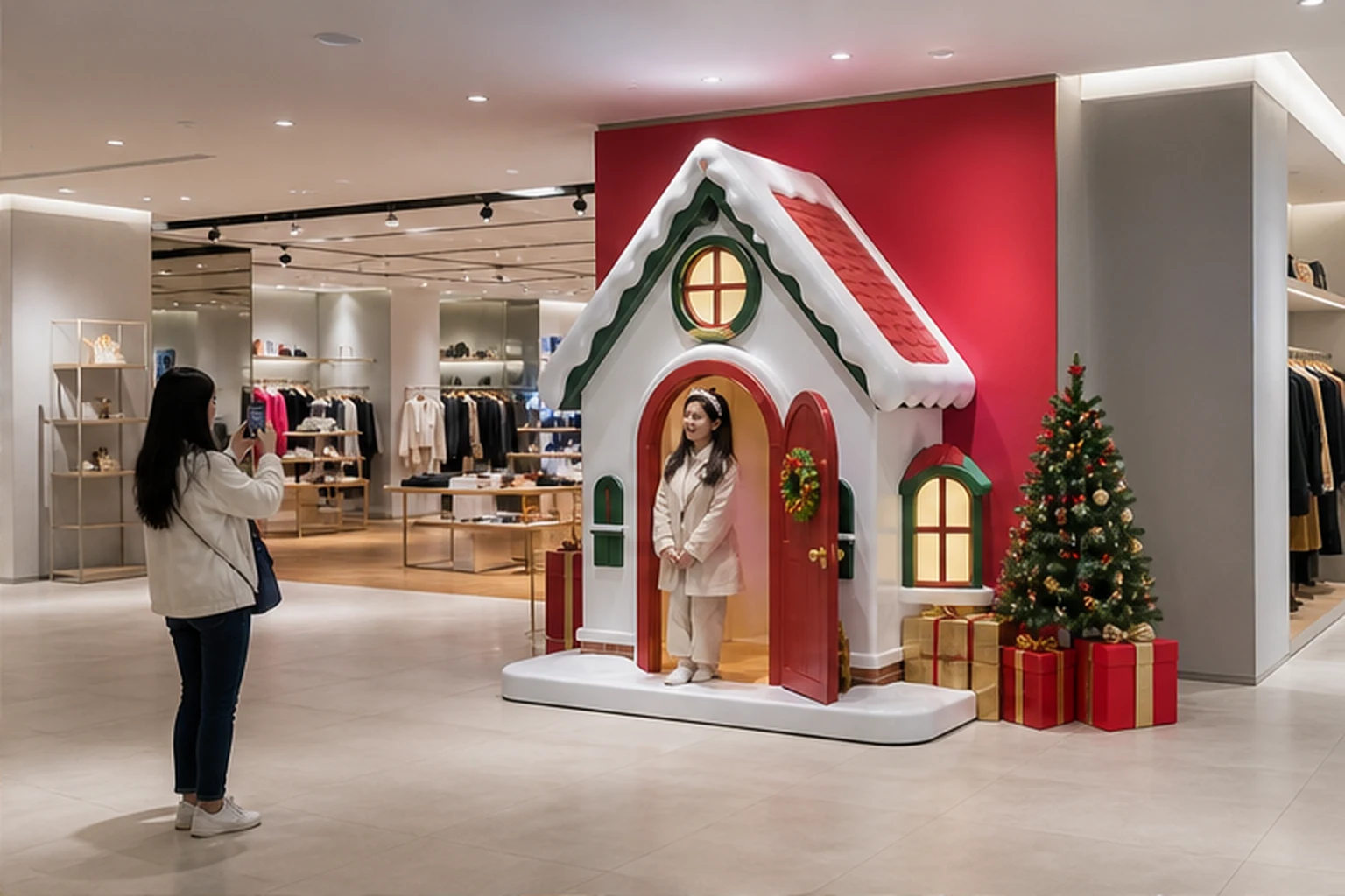Góc check-in Noel trong showroom với nhà composite nhỏ gọn, lối đi thông thoáng và khách đứng chụp ảnh gần cửa nhà
