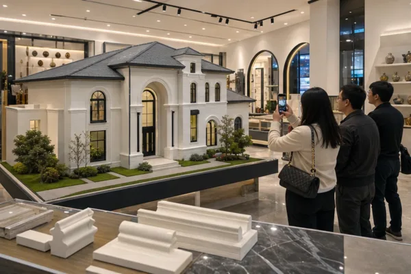 Mô hình nhà composite đặt trong showroom thương mại với khách tham quan chụp ảnh và sản phẩm trưng bày phía trước