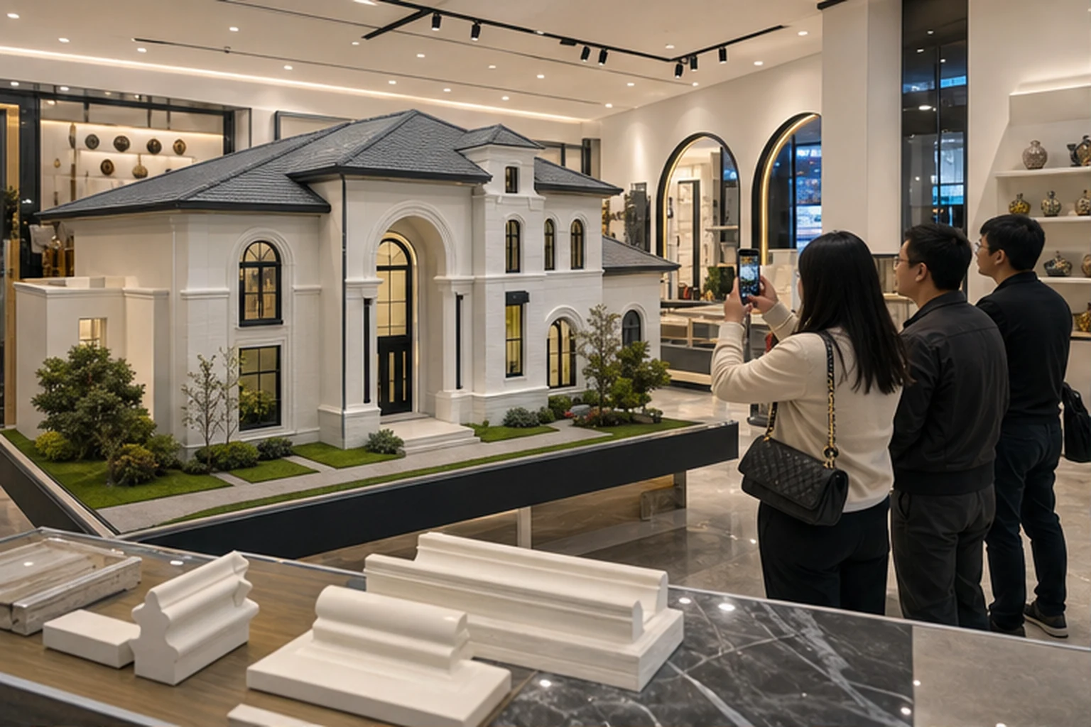 Mô hình nhà composite đặt trong showroom thương mại với khách tham quan chụp ảnh và sản phẩm trưng bày phía trước