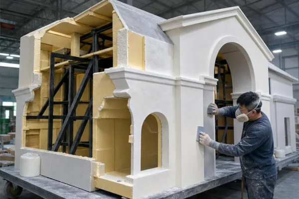 Cấu tạo mô hình nhà lớn với khung bên trong, lõi xốp tạo khối và lớp phủ composite hoàn thiện bề mặt