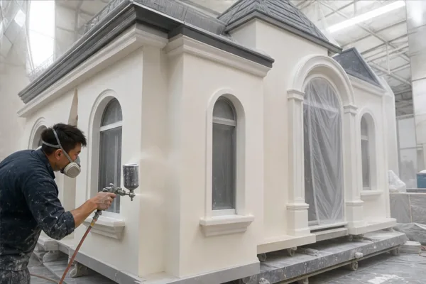 Nhân sự xưởng hoàn thiện sơn bề mặt mô hình nhà composite trước khi vận chuyển đến không gian sự kiện