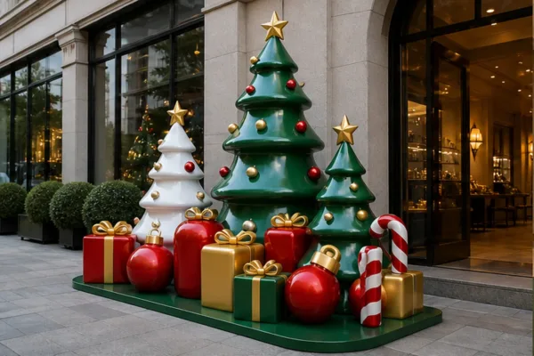 Cụm mô hình Noel composite đặt tại mặt tiền shop với cây thông, hộp quà và chữ nổi để minh họa khả năng thu hút khách từ...