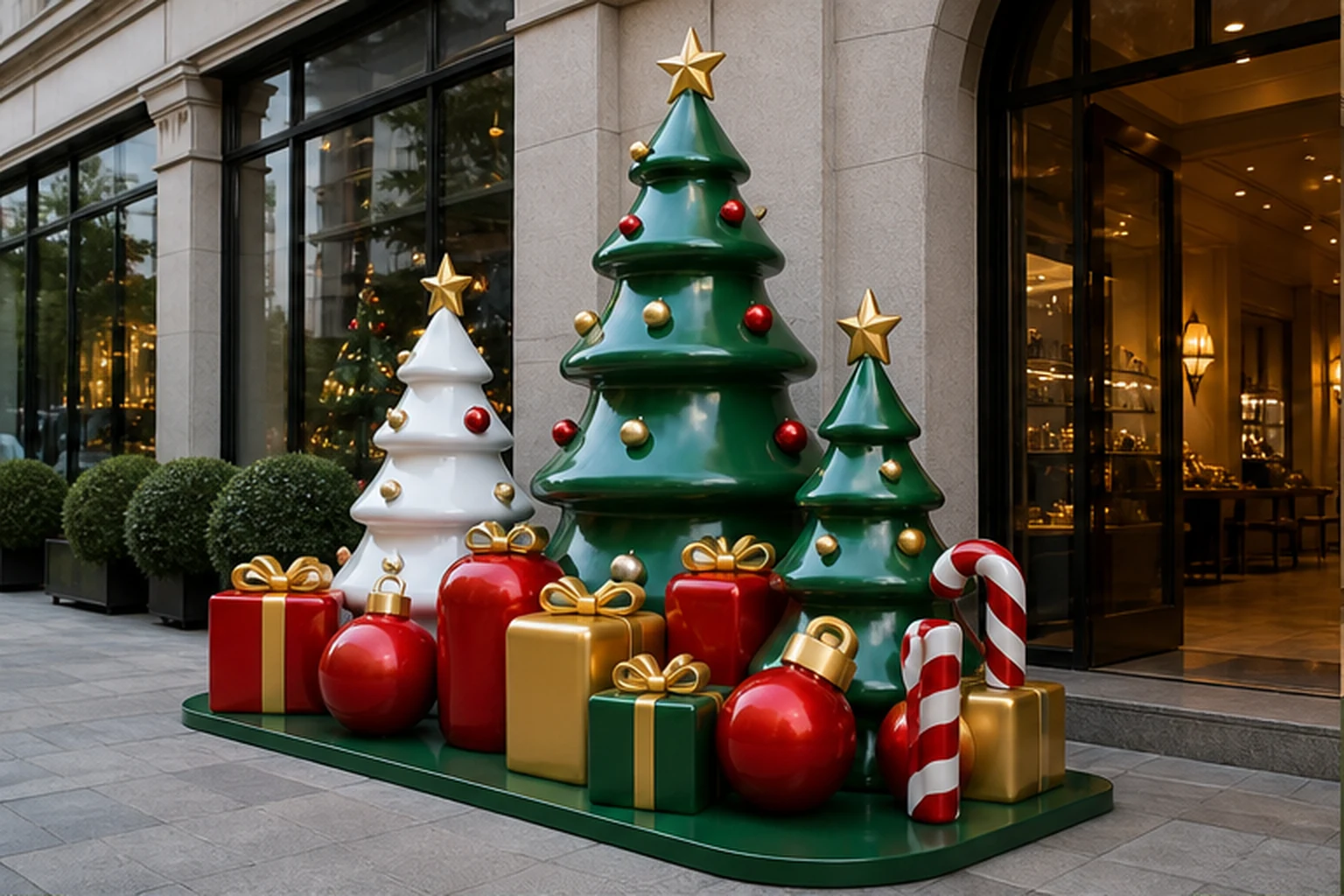 Cụm cây thông Noel composite ngoài trời đặt trước mặt tiền cửa hàng với chân đế xanh lớn, hộp quà, quả châu đỏ và kẹo...