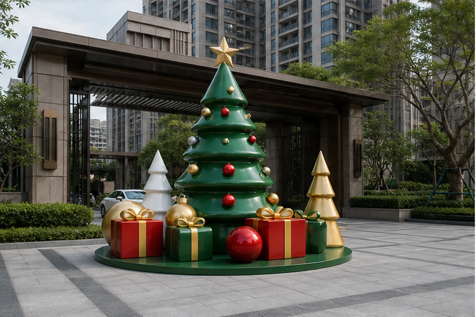 Mô hình cây thông Noel và hộp quà sơn bóng đặt ngoài trời trên chân đế tròn chắc chắn tại lối vào khu dự án chung cư.