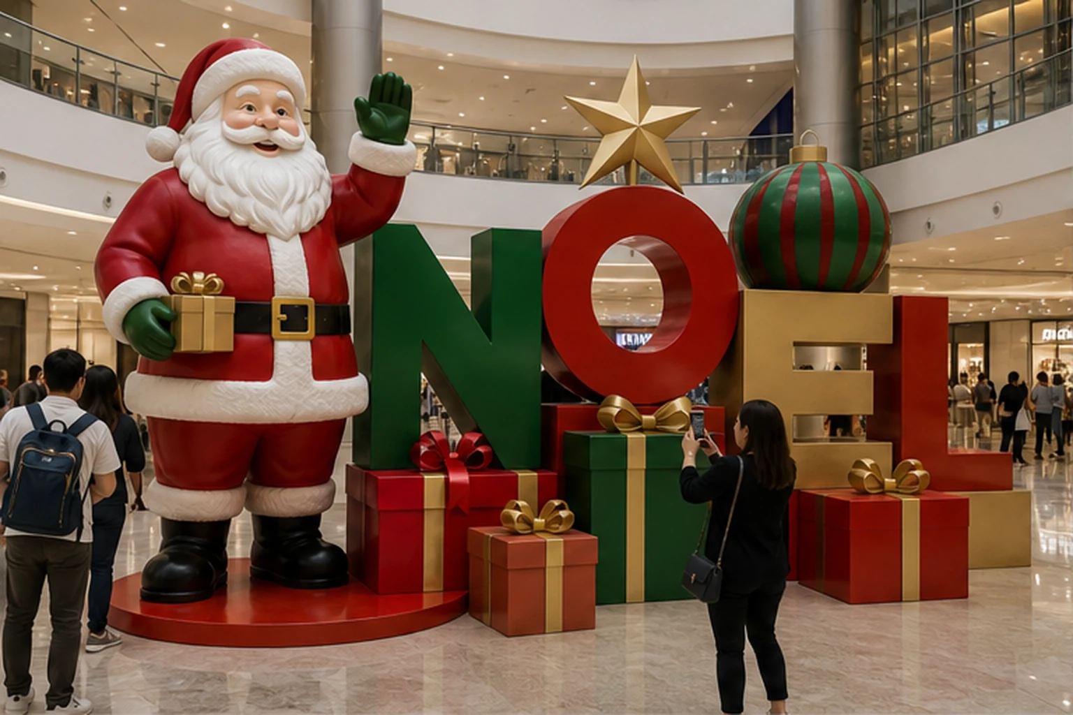 Cụm trang trí Noel trong sảnh trung tâm thương mại với tượng ông già Noel cỡ lớn, chữ nổi Noel, hộp quà, ngôi sao và...