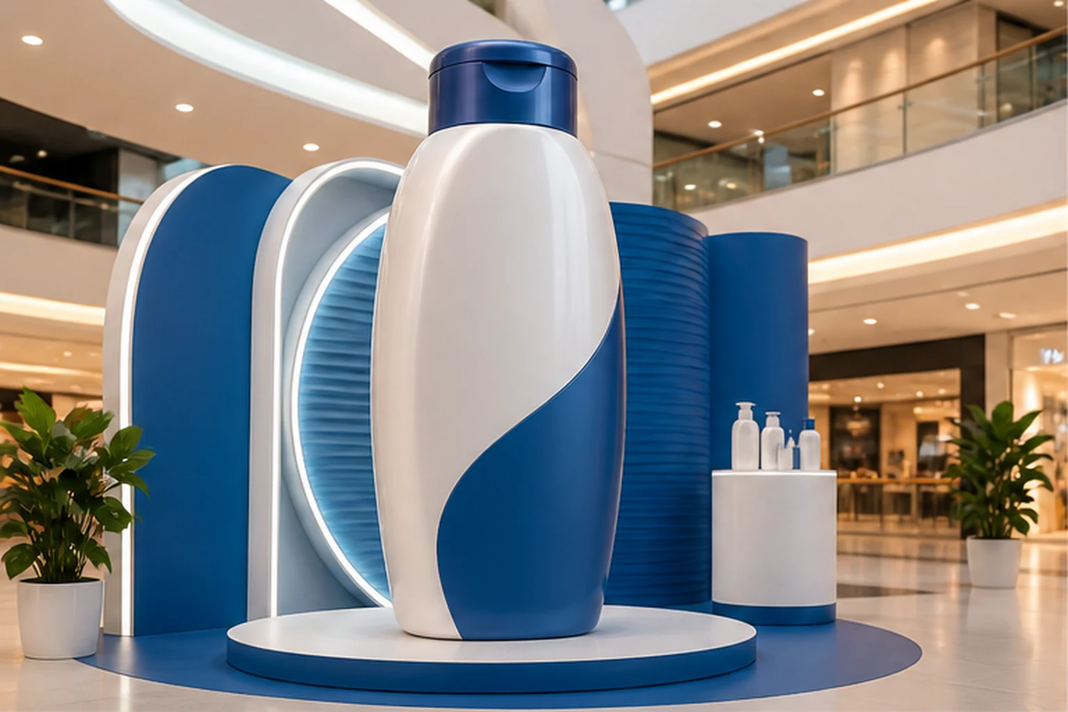 mô hình chai sản phẩm phóng lớn màu xanh trắng đặt trên bục trưng bày trong showroom hiện đại