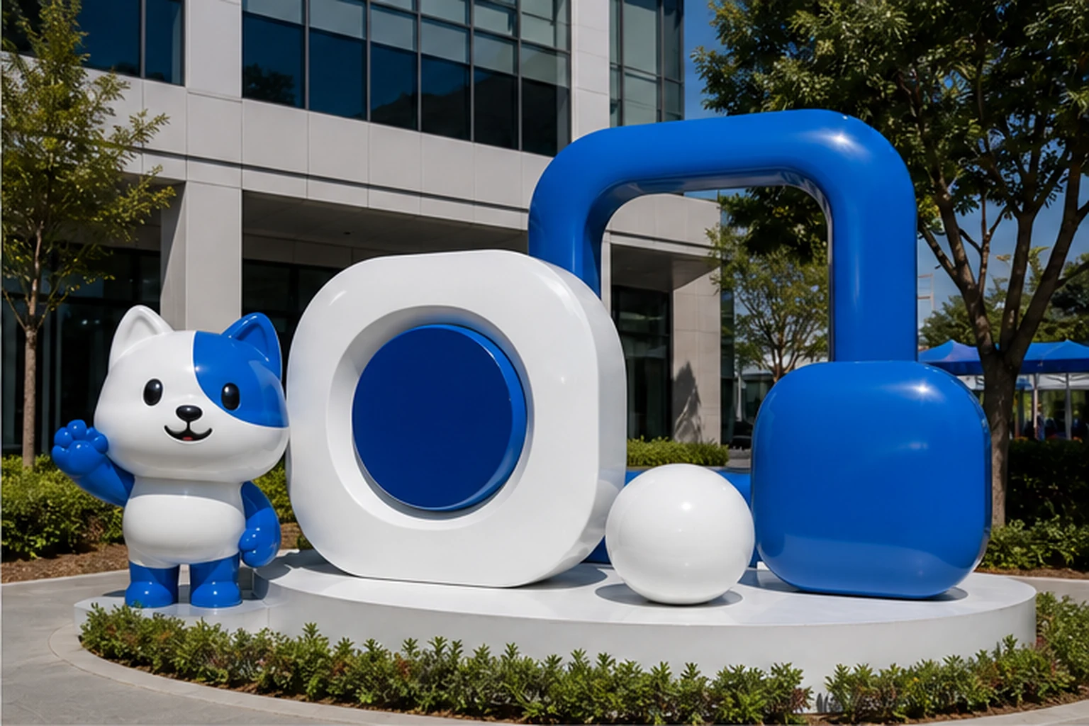 Cụm logo và biểu tượng thương hiệu 3D màu xanh trắng bằng vật liệu sơn bóng đặt tại lối vào showroom, kèm linh vật đứng...