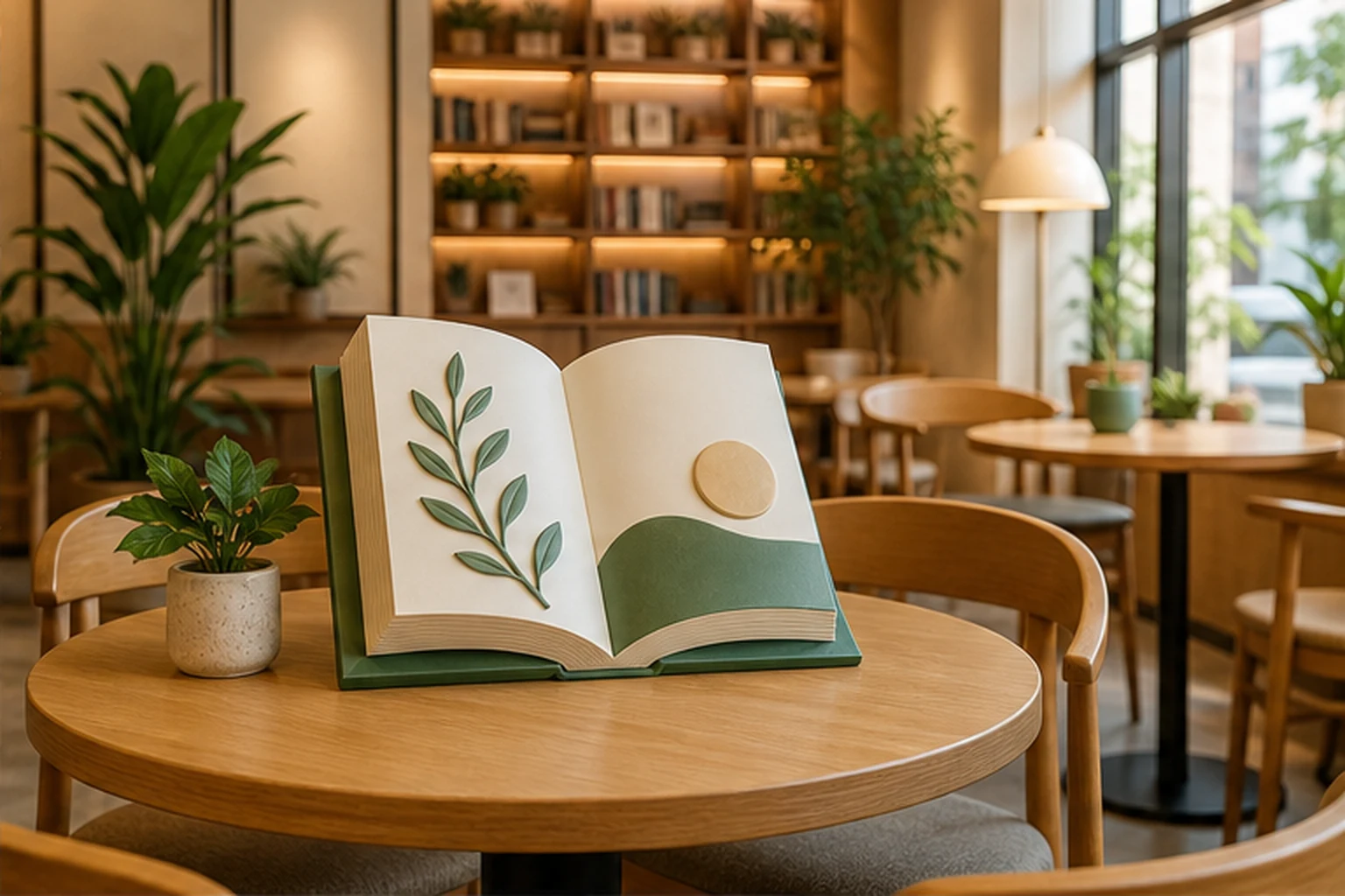 mô hình sách composite kích thước vừa trong cafe đọc sách, phối với bàn ghế gỗ màu sáng, cây xanh và ánh sáng ấm để minh...
