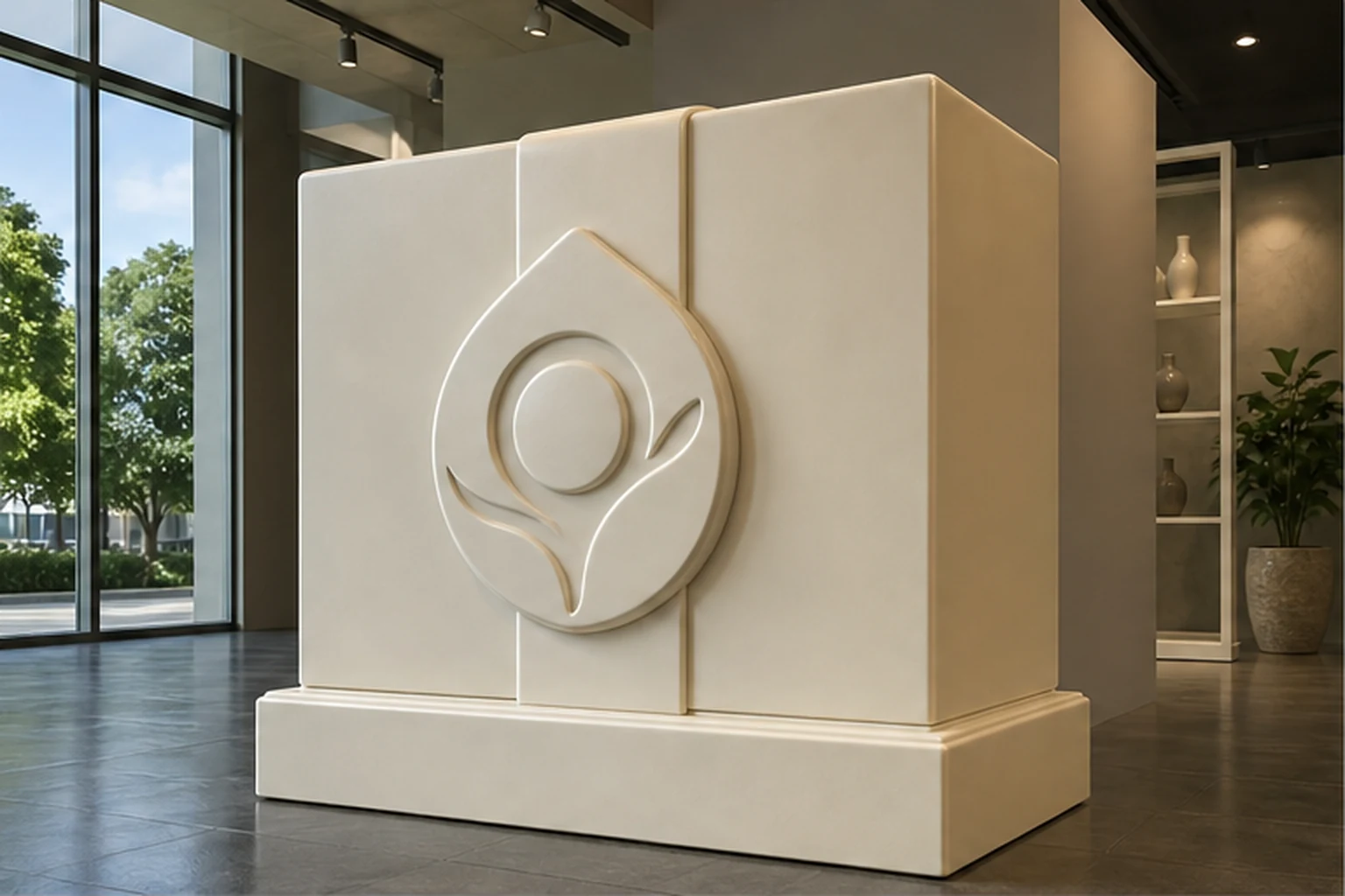 mô hình hộp sản phẩm composite với logo nổi và bệ chắc trong showroom để minh họa phần thân chính cần hoàn thiện sạch