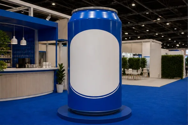 booth sự kiện với mô hình lon composite lớn có logo rõ, bệ vững và khoảng đứng chụp ảnh thông thoáng