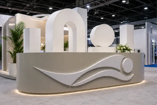 Booth sự kiện có chữ khối xốp lớn kết hợp logo composite ở mặt trước để minh họa cách chia vật liệu theo vị trí nhìn gần...