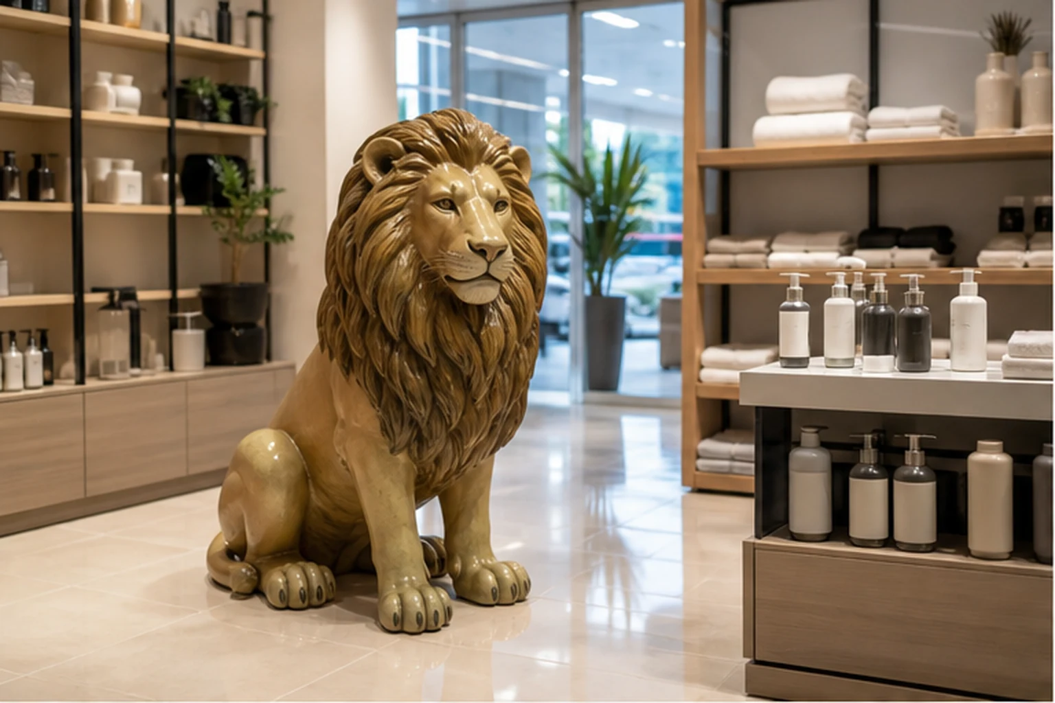 mô hình sư tử composite trong showroom đặt cạnh khu trưng bày để minh họa cách phối màu theo nhận diện thương hiệu
