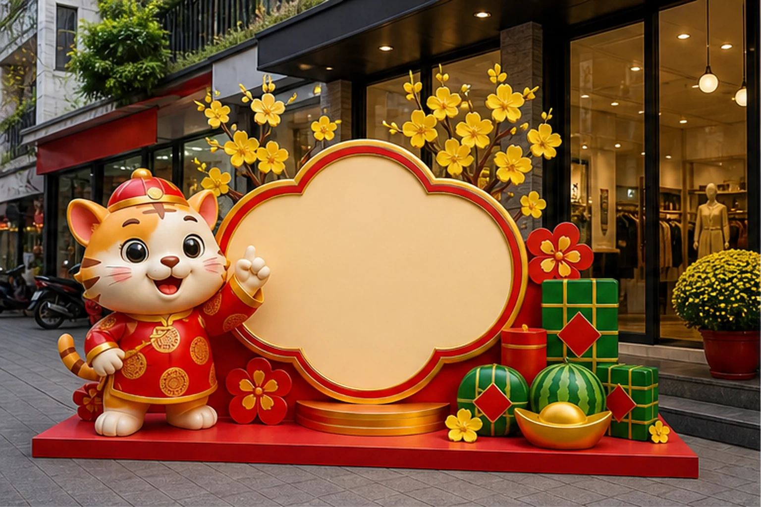Cụm decor Tết trước cửa hàng với linh vật mèo, khung logo trung tâm, hoa mai, hộp quà, dưa hấu và thỏi vàng trên bệ đỏ.