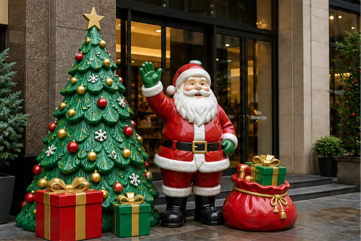 Cụm mô hình Noel sơn bóng gồm cây thông trang trí, tượng ông già Noel, hộp quà và túi quà đặt trước lối vào cửa hàng kính.