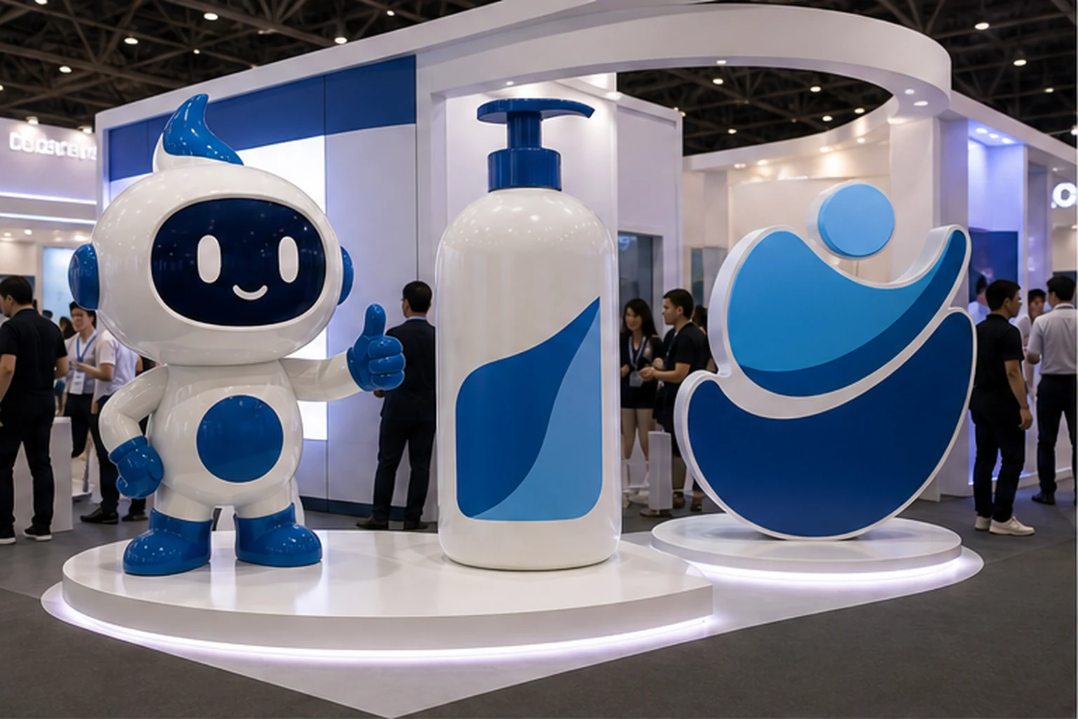 Booth sự kiện đông người với mô hình mascot xanh trắng, chai sản phẩm phóng lớn và logo lớn đặt trên bệ trưng bày sáng,...