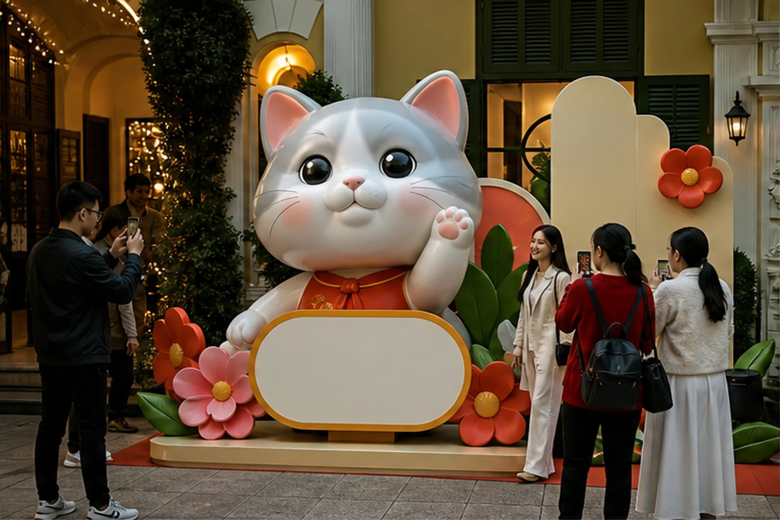 Cụm check-in sự kiện ngoài trời với mascot mèo trắng lớn, bệ biển thương hiệu trống phía trước, hoa trang trí, các khối...