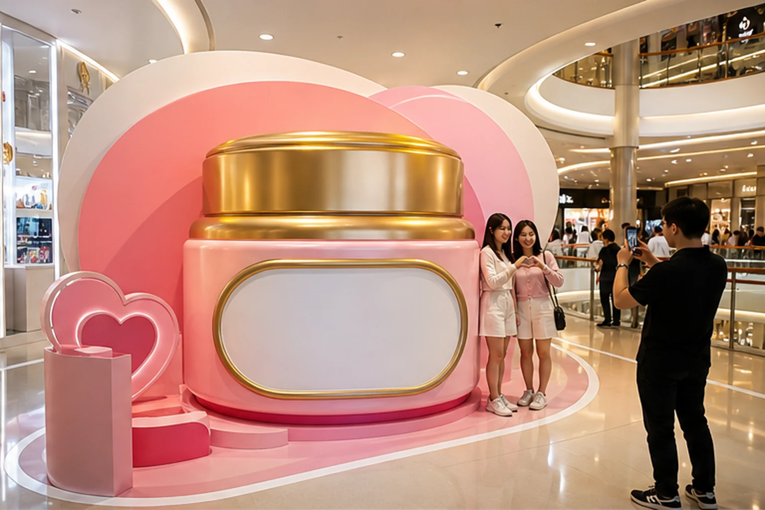 Mô hình hũ sản phẩm quảng cáo phóng lớn màu hồng nắp vàng đặt trong trung tâm thương mại, có khách đứng xem và người chụp...