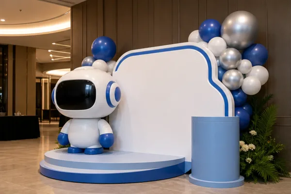 cụm check-in sự kiện với mascot chính, logo thương hiệu và bệ đứng cạnh được hoàn thiện chắc để minh họa khu vực khách...