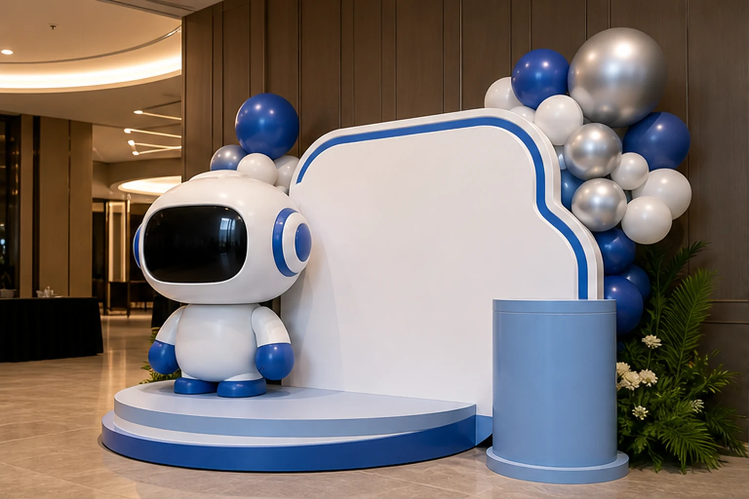 Mascot robot quảng cáo màu trắng xanh đặt trên bục check-in trong sảnh sự kiện, cạnh backdrop lớn, cụm bóng trang trí và...