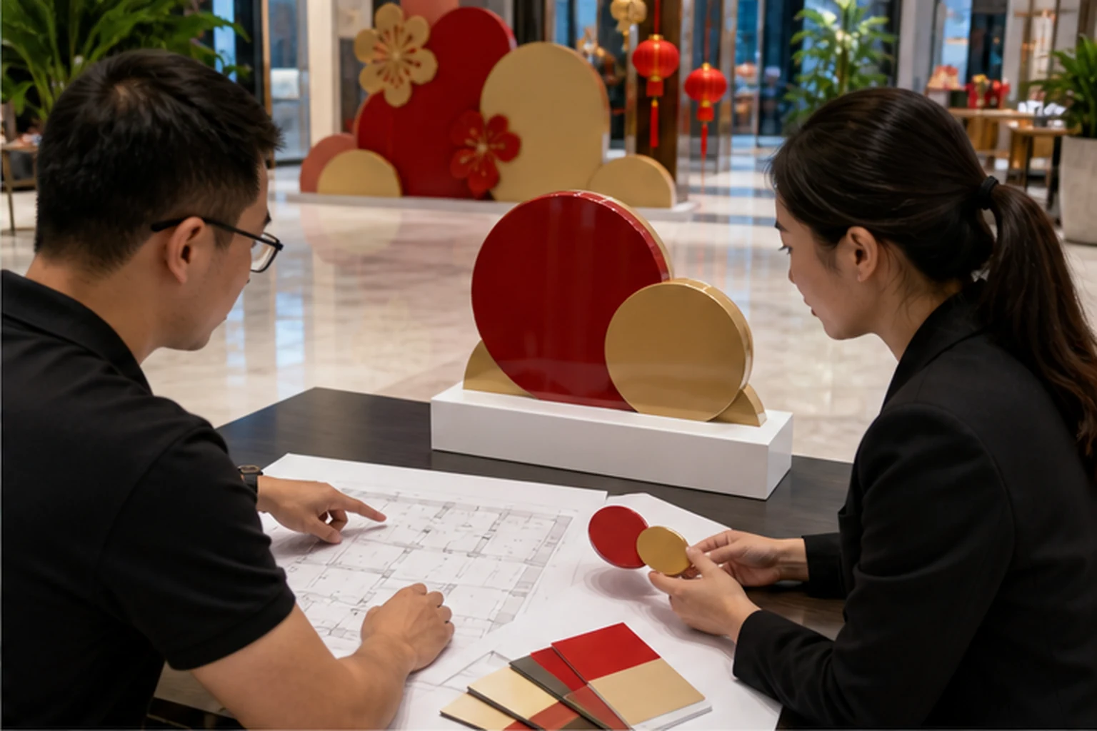 nhân sự khảo sát mặt bằng showroom với bản vẽ cụm Tết, mẫu màu và vị trí logo để minh họa bước brief đặt làm