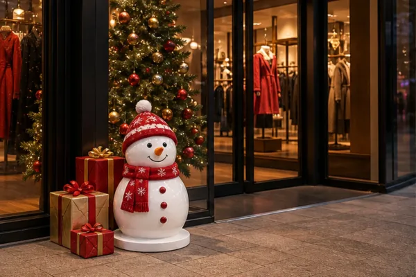 Người tuyết composite đặt trước cửa hàng thời trang mùa Noel, có khăn đỏ, mũ len, hộp quà và ánh sáng trưng bày để minh...
