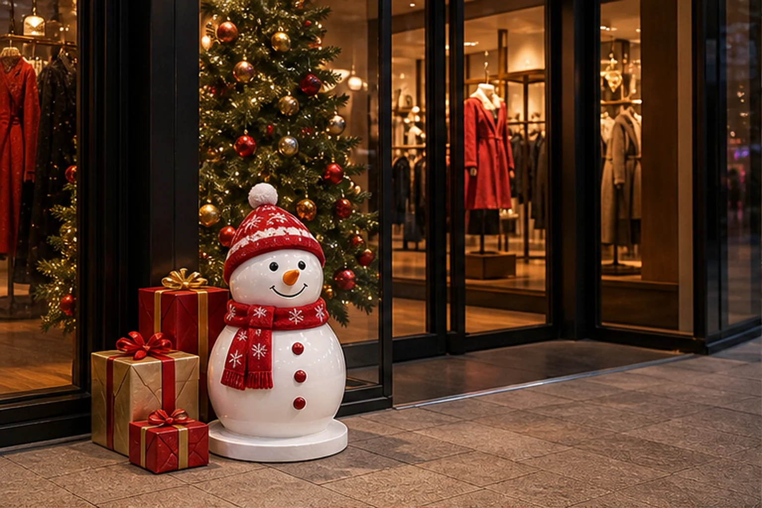 Người tuyết composite đặt trước cửa hàng thời trang mùa Noel, có khăn đỏ, mũ len, hộp quà và ánh sáng trưng bày để minh...