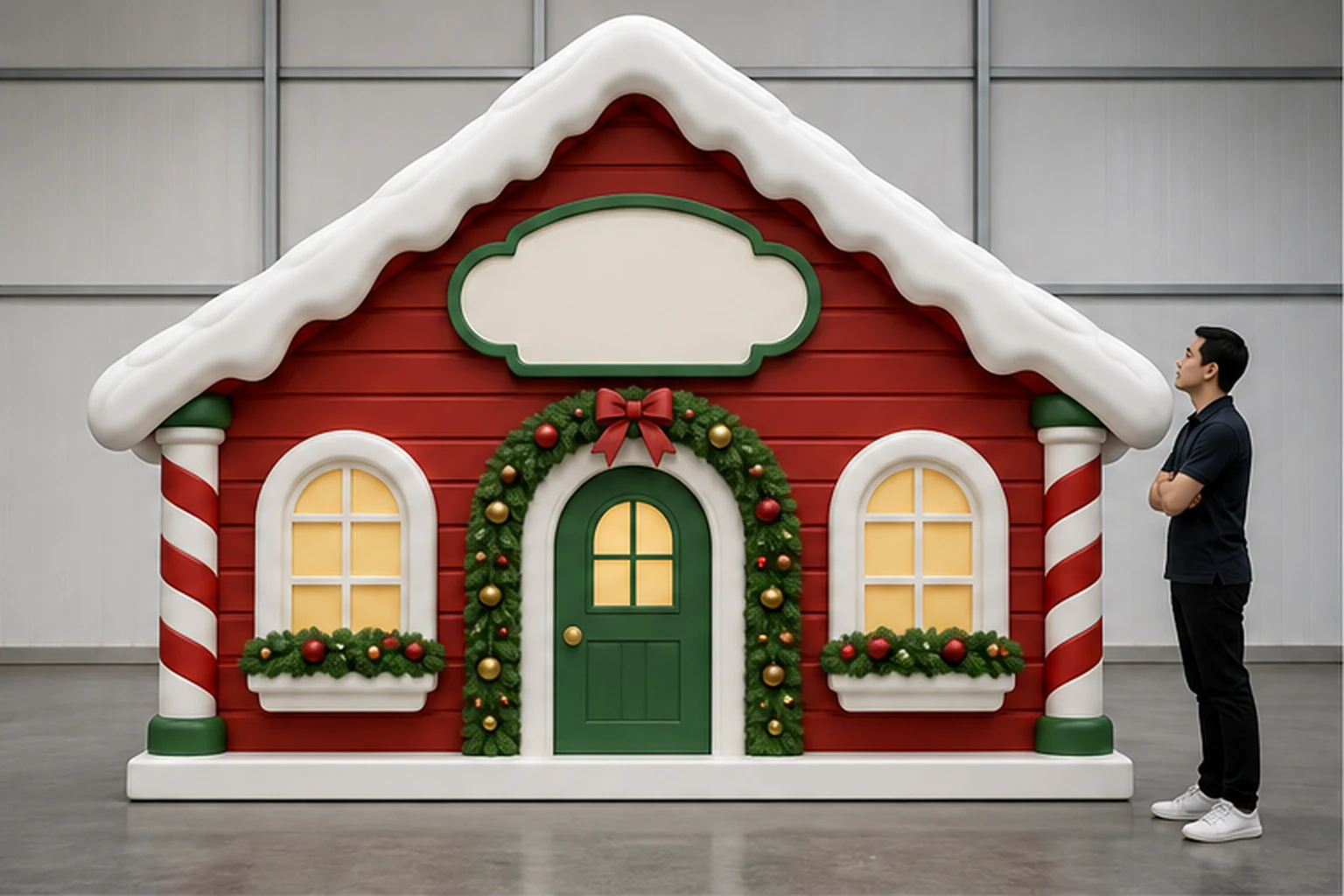 Mô hình nhà Noel bằng xốp kích thước lớn màu đỏ xanh đặt trong không gian trong nhà, có người đứng cạnh để thể hiện tỷ lệ.