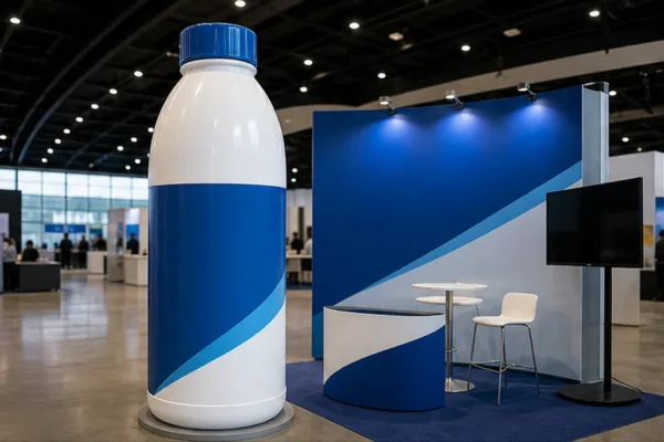 mô hình chai sản phẩm phóng lớn đặt cạnh booth quảng cáo, nhãn và logo rõ màu thương hiệu, bề mặt chính hoàn thiện sắc nét